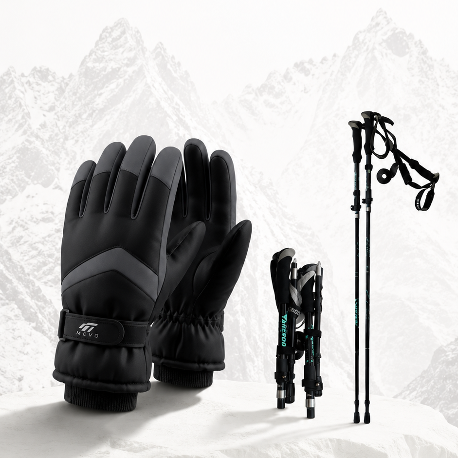 Combo Mevo: Bastones Plegables de Senderismo + Guantes Impermeables Térmicos | Kit para Trekking, Camping y Montañismo